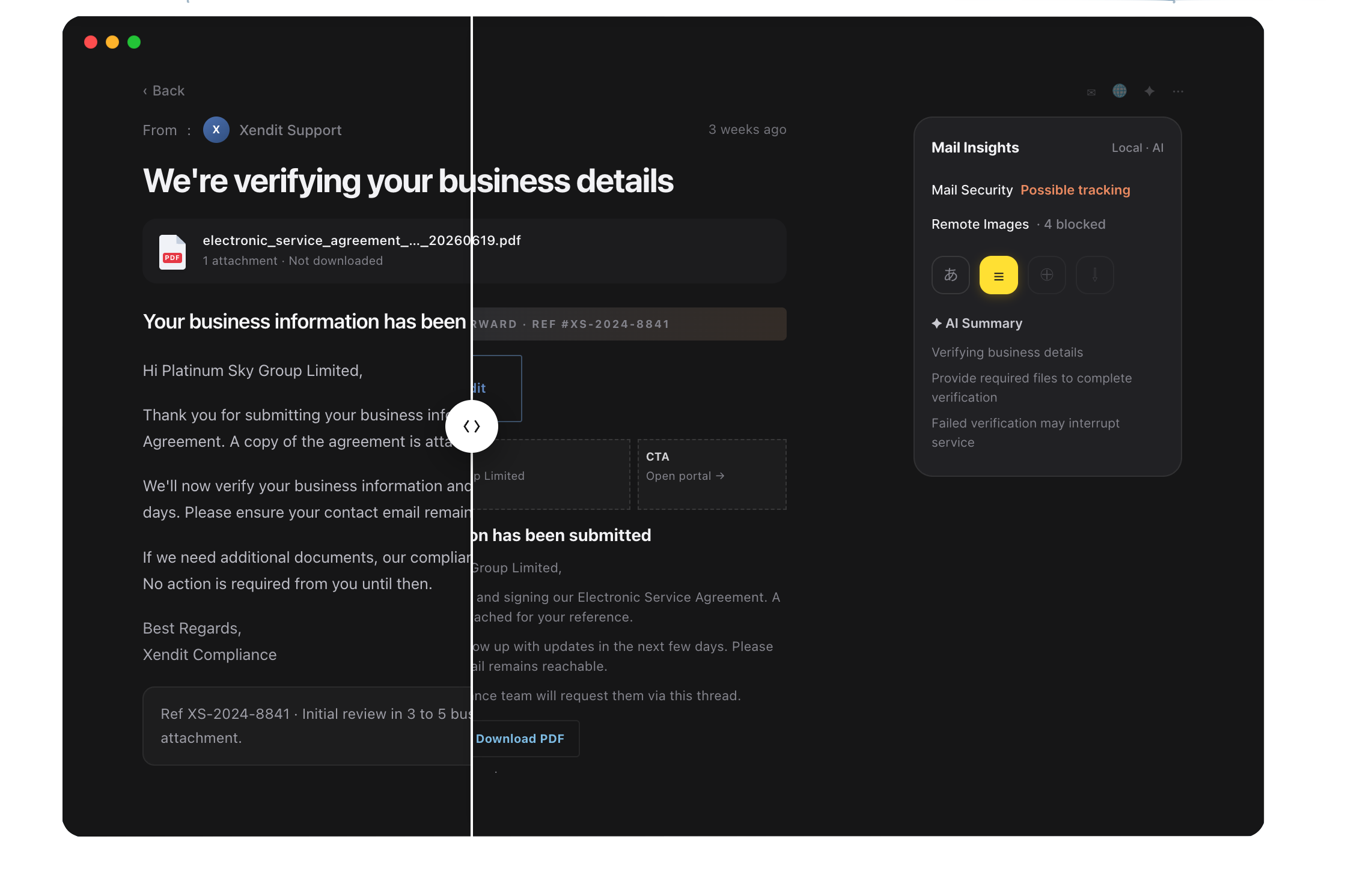 同じニュースレターを、元のレイアウトと Safe Reader で表示した比較。